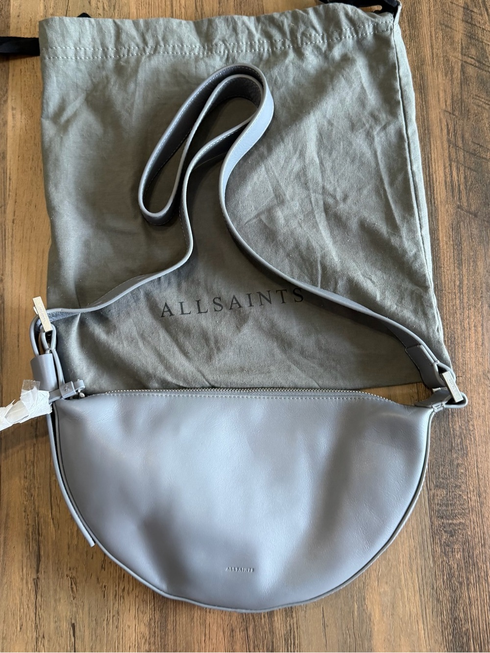 New With Dust Bag $249 AllSaints Half-Moon Crossbody Bag in Light Gray - Picture 7 of 15